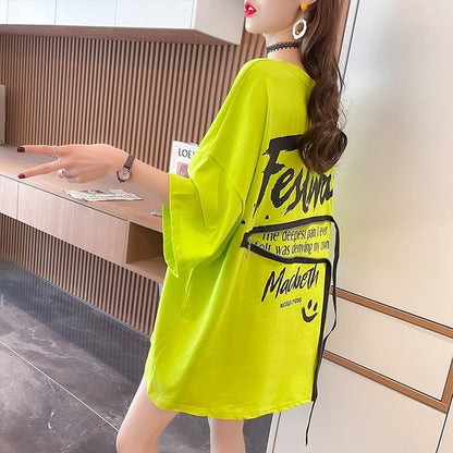 デザイン個性ゆったりミドル丈半袖TシャツF-3036