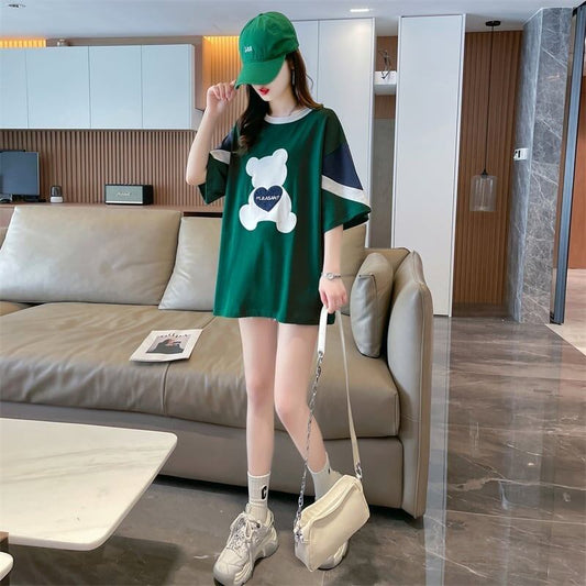 カジュアルルーズワッペン刺繍ステッチカラーブロック半袖Tシャツ<F-2870>