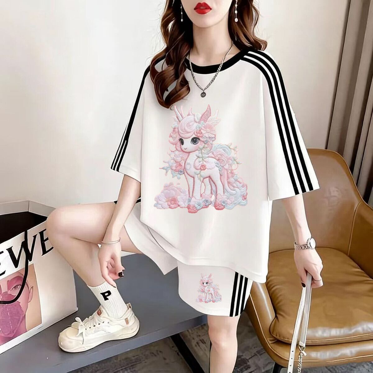 通気性 プリント Tシャツ＋パンツ セットアップ F-13240