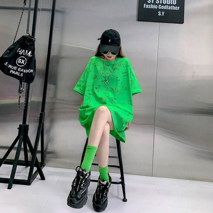 売り切れ必至 ゆったり ファッション感満々 ロング丈 3色半袖Tシャツ＜F-9086＞
