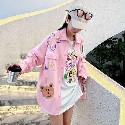 売り切れ必至 韓国風ファッション 上質 アバンギャルド プリント デニム Tシャツ ＜F-9479＞