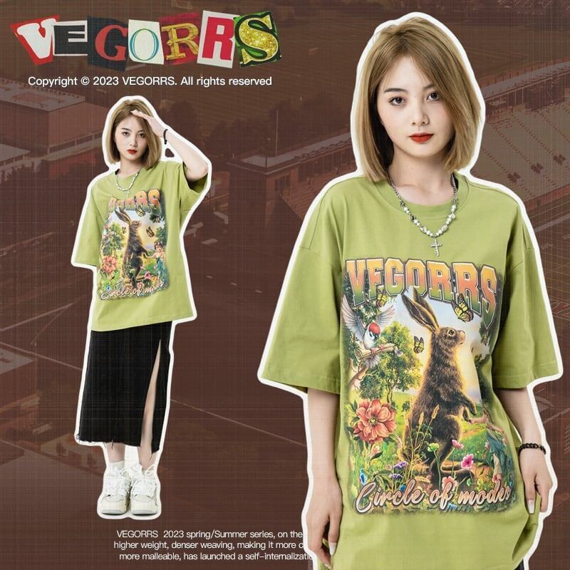 アメリカンレトロ絵画ウサギ半袖Tシャツカップル男女同スタイル<F-2910>