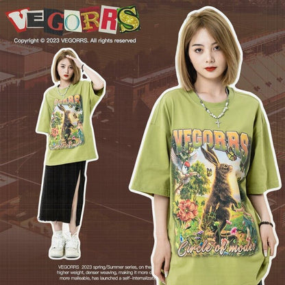 アメリカンレトロ絵画ウサギ半袖Tシャツカップル男女同スタイル<F-2910>
