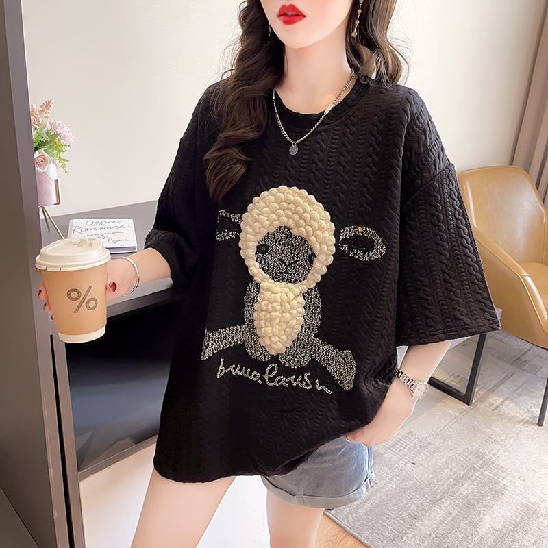 高級立体ハンドビーズコットン半袖Tシャツ<F-2998>