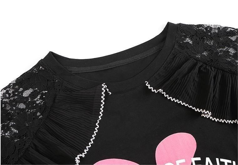 レースステッチアイスシルクニットルーズラビットプリント半袖Tシャツ<F-5038>