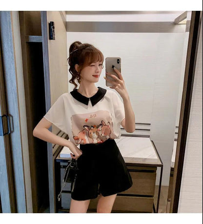 美人度アップ シフォン スウィート 半袖 Tシャツ ショートパンツ セットアップ ＜F-9234＞