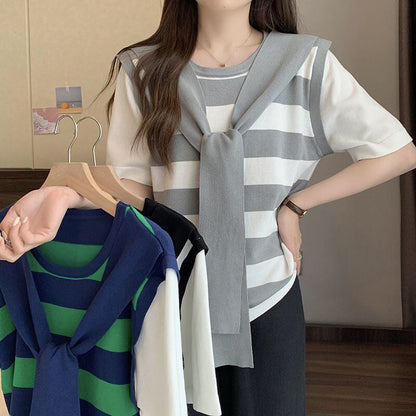絶対欲しい レイヤード風 エレガント ストライプ柄 全3色半袖 Tシャツ＜F-8799＞