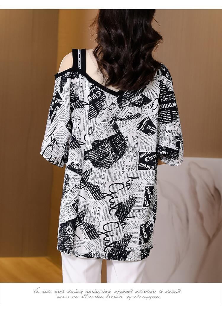 【半額！期間限定！！】絶対流行 特別デザイン 個性派 シフォン プリント 半袖Tシャツ＜F-8610＞