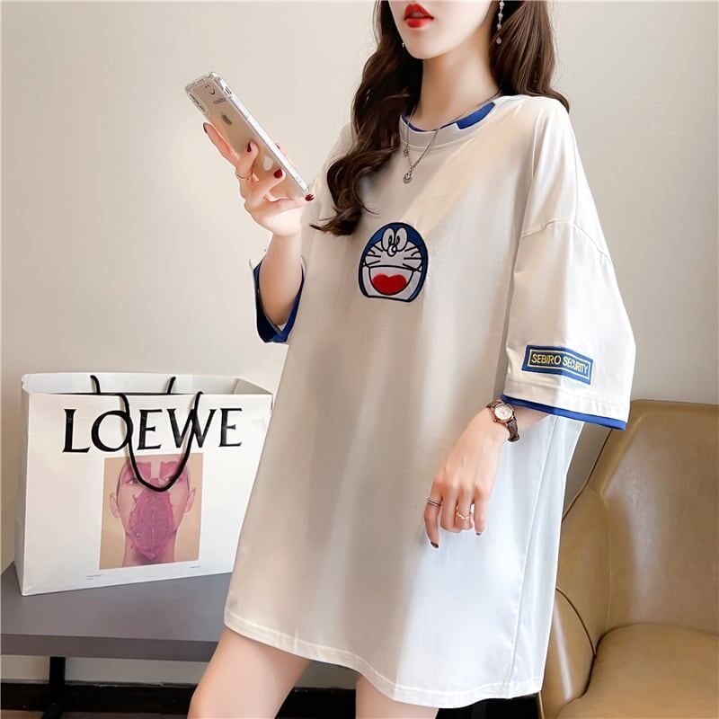 韓国系 ドロップショルダー 刺? レイヤードTシャツ ゆったり半袖 ＜F-3053＞