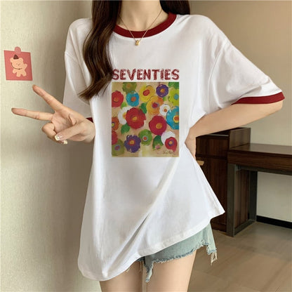 着せ   プリント Tシャツ 四色 ゆったり半袖 ＜F-3019＞