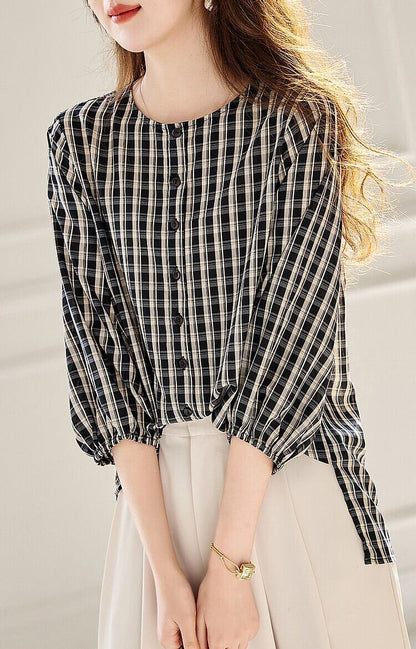 定番シンプル エレガント ゆったり感アップ チェック柄 Tシャツ カットソー＜F-8368＞