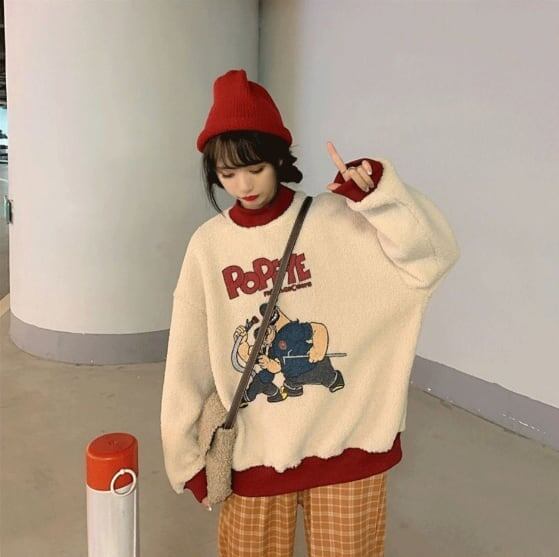 韓国系ふわふわグラフィックロゴボアスウェットトップス全2色F-4208