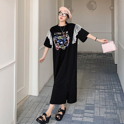おすすめ レース ファッション 切り替え プリント Tシャツ カットソー ワンピース＜F-8535＞