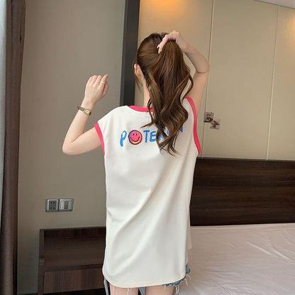 【半額！期間限定！！】超人気 ファッション カジュアル プリント ノースリーブ Tシャツ<F-8487>