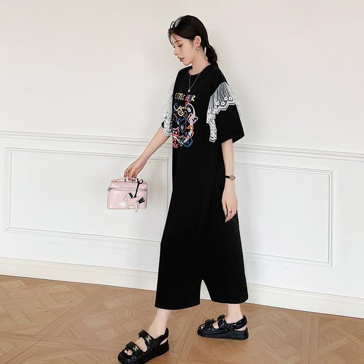 おすすめ レース ファッション 切り替え プリント Tシャツ カットソー ワンピース＜F-8535＞
