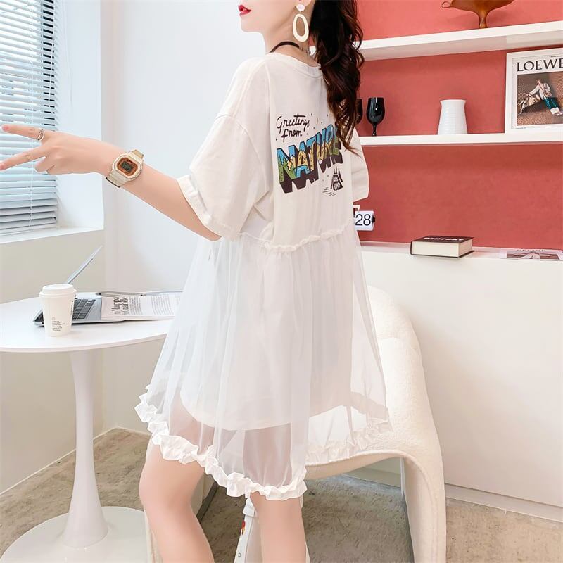 デザインセンスレースステッチフェイクツーピース半袖Tシャツワンピース<F-2964>