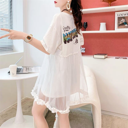 デザインセンスレースステッチフェイクツーピース半袖Tシャツワンピース<F-2964>