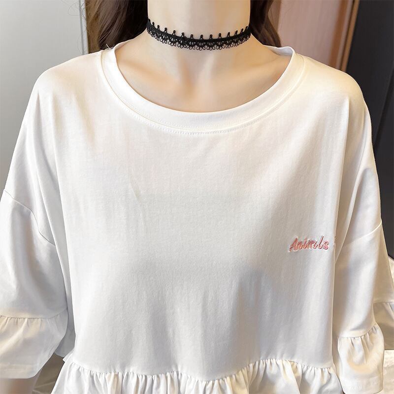 【半額！期間限定！！】合わせやすい 切り替え フリル プリント Tシャツ ゆったりワンピース＜F-3008＞