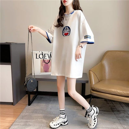 韓国系 ドロップショルダー 刺? レイヤードTシャツ ゆったり半袖 ＜F-3053＞