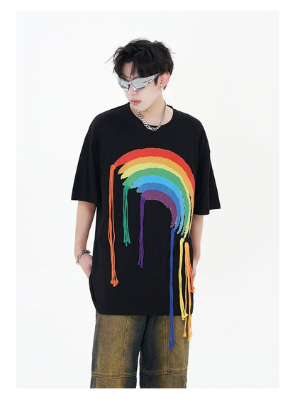 好感度UP 虹ロゴ タッセル ゆったり Tシャツ 全2色 ユニセックス半袖F-4863