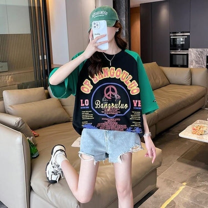 夏新作   プリント ラグランTシャツ 三色 ゆったりワンピース ＜F-4003＞