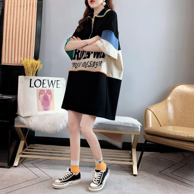 韓国系 切り替え POLOネック ファスナー ロング Tシャツ 二色 ゆったりワンピース ＜F-3015＞