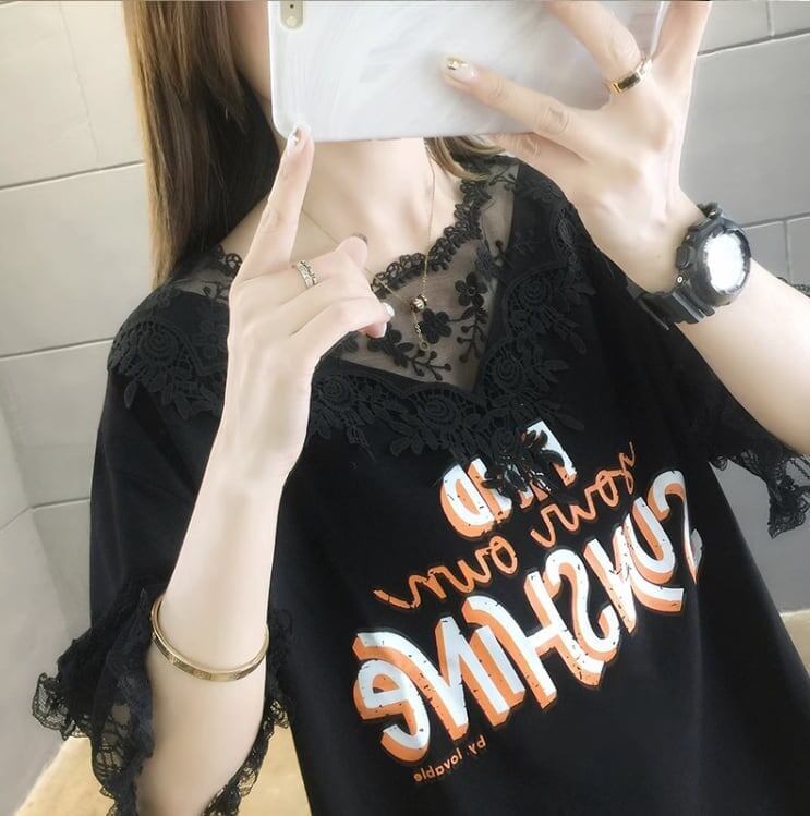 エレガントなレースステッチ半袖Tシャツ<F-3030>
