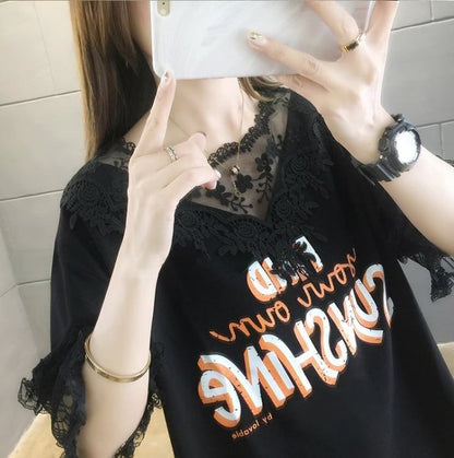 エレガントなレースステッチ半袖Tシャツ<F-3030>
