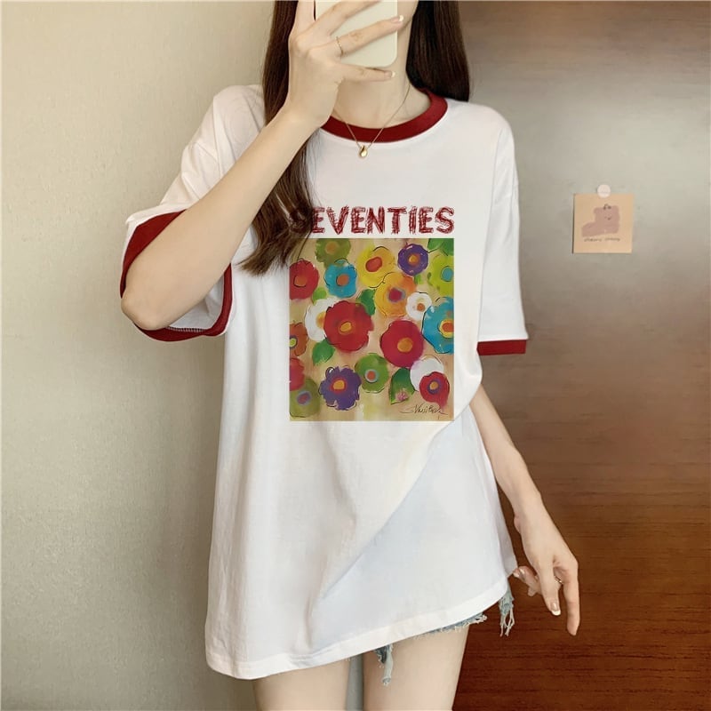 着?せ 配色 プリント ロング Tシャツ 四色 ゆったり半袖 ＜F-3019＞