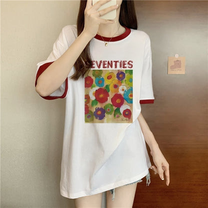 着?せ 配色 プリント ロング Tシャツ 四色 ゆったり半袖 ＜F-3019＞