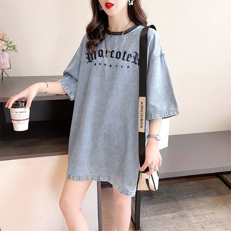 人気商品再入荷 アバンギャルド 着回し力抜群 ルーズ デニム 半袖TシャツF-8804