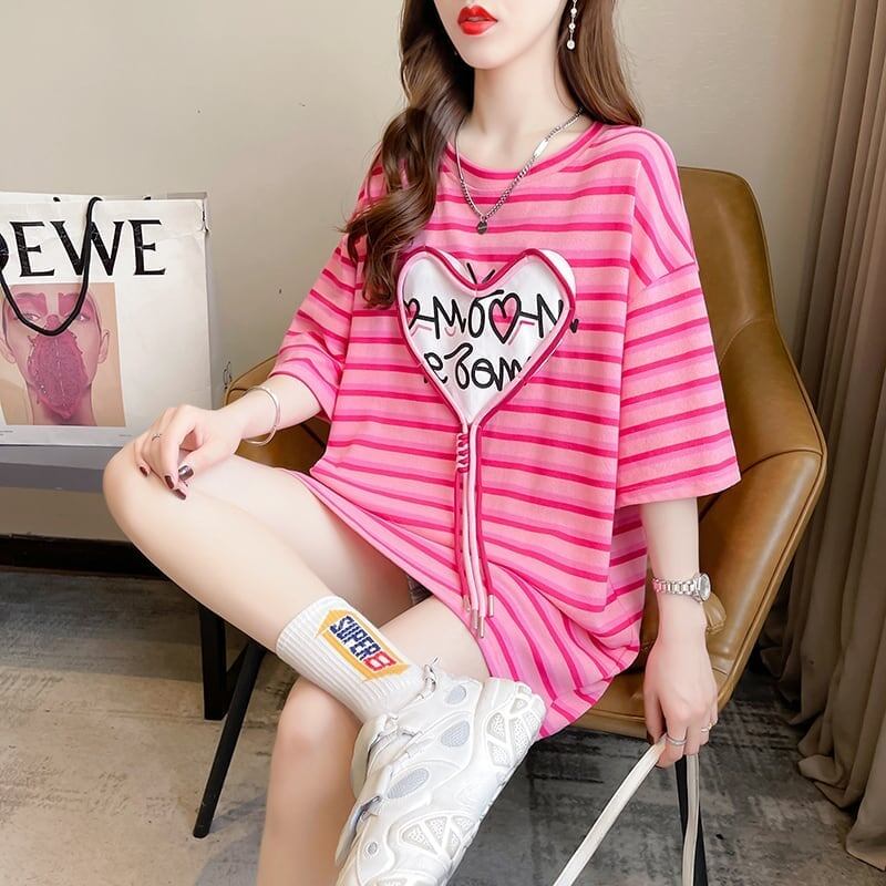 韓国風ピンクストライプゆったり立体装飾半袖Tシャツ<F-2985>