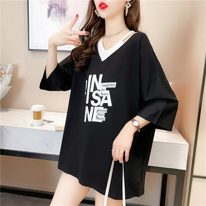 売れ筋 アルファベット Vネック フェイクレイヤード ゆったり 着?せ 半袖 Tシャツ ＜F-2005＞