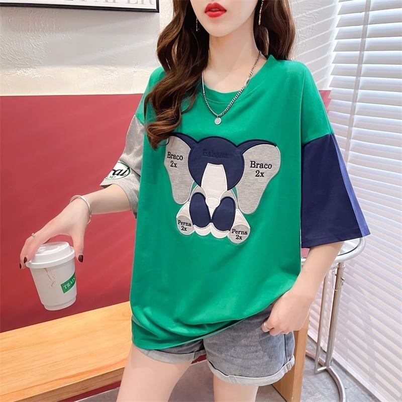 気質漫画カラーマッチング偽ツーピース半袖Tシャツ<F-2997>