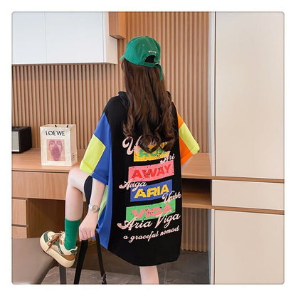 売り切れ必至 切り替え カジュアル カラーマッチング プリント全2色 半袖Tシャツ<F-8723>