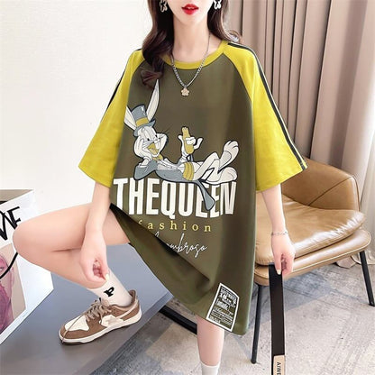 キュートなウサギのカラーブロック半袖Tシャツ<F-2989>
