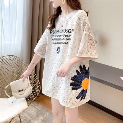 【半額！期間限定！！】美人度アップ 大好評 レース 透かし彫り プリント 半袖Tシャツ カットソー ＜isf-8624＞