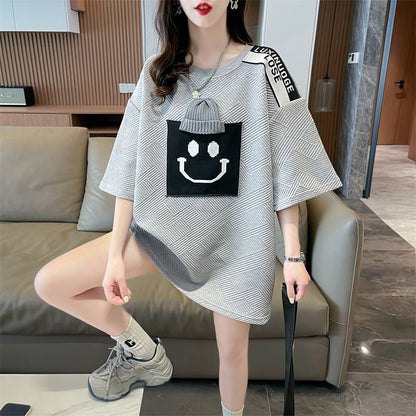 エレガントな立体ジャガードルーズウールパッチステッチ半袖Tシャツ<F-2901>