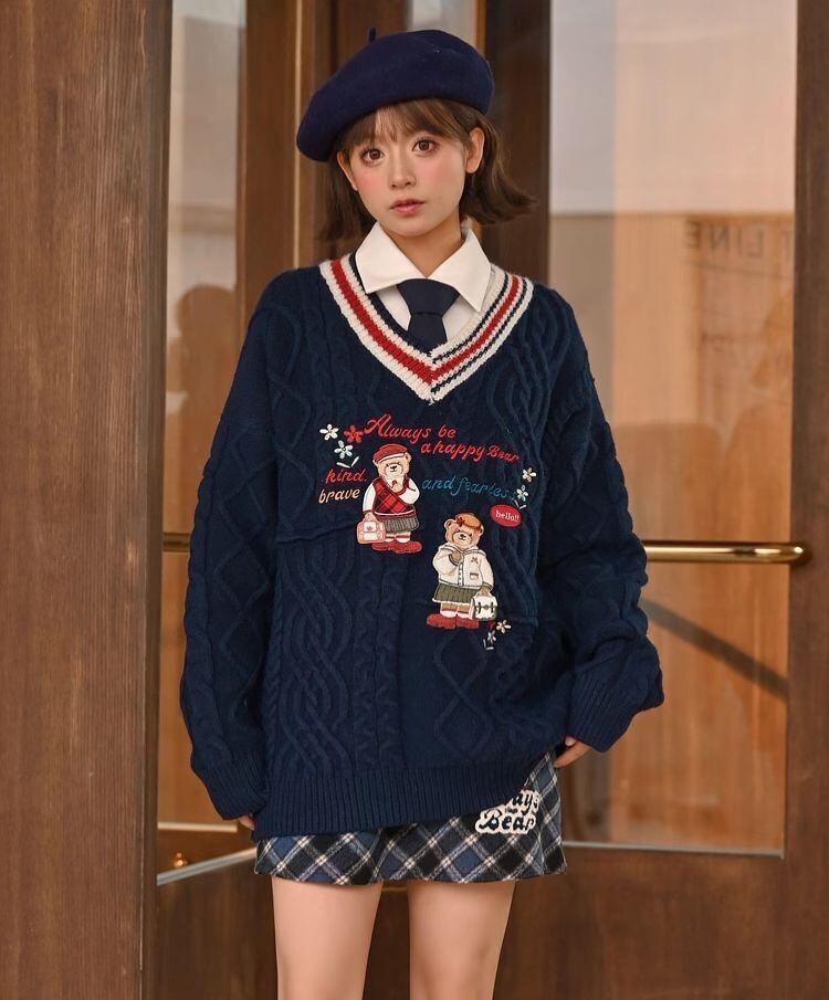 超人気 気質アップ 絶対欲しい Vネック 刺繍 切り替え2色選択 ニットトップスF-9577