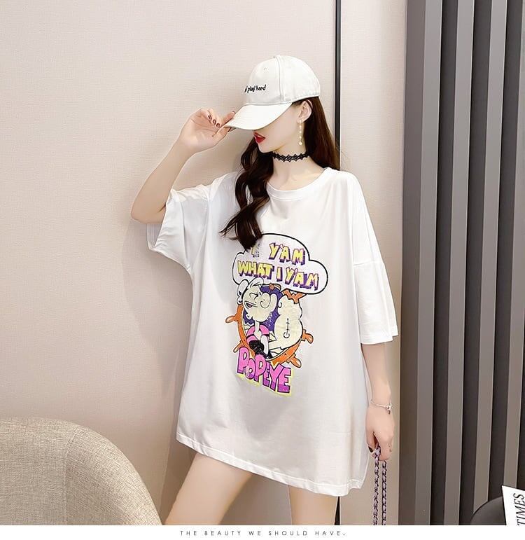 【半額！期間限定！！】グラフィック   透かし彫り Tシャツ ゆったりワンピース ＜F-4021＞