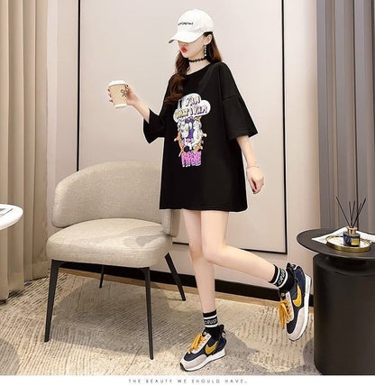【半額！期間限定！！】グラフィック   透かし彫り Tシャツ ゆったりワンピース ＜F-4021＞