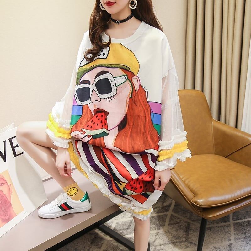 【ランキング上位】プリント   お洒落 ロングTシャツワンピース ＜F-887＞