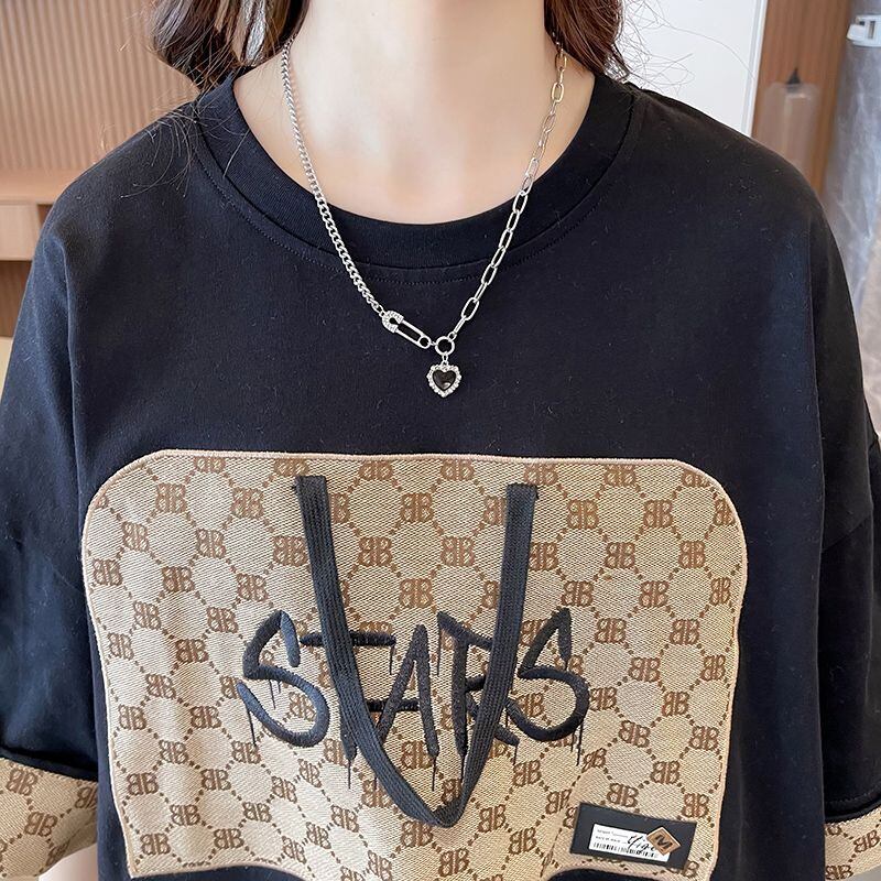 活躍する優秀アイテム 刺繍 個性的なデザイン 切り替え 2色選択 半袖 Tシャツ F-9275