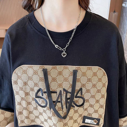 活躍する優秀アイテム 刺繍 個性的なデザイン 切り替え 2色選択 半袖 Tシャツ F-9275