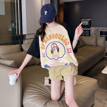夏新作   プリント ラグランTシャツ 三色 ゆったりワンピース ＜F-4003＞