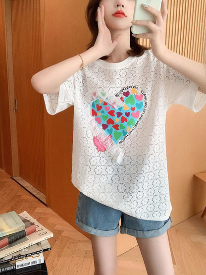 新商品 透かし彫り キュート ゆったり 半袖Tシャツ＜F-8422＞