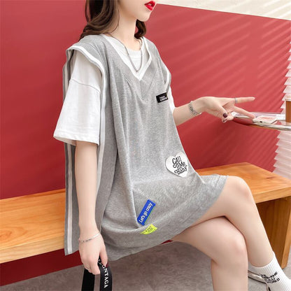 おすすめ アバンギャル 大活躍 ドレイヤード風 切り替え 全2色 半袖TシャツF-8752