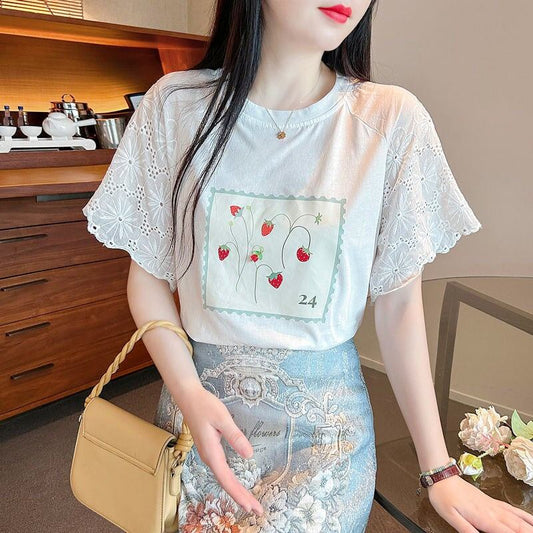 大好評 レース 上質 刺繍 切り替え 全2色 半袖Tシャツ＜F-8869＞
