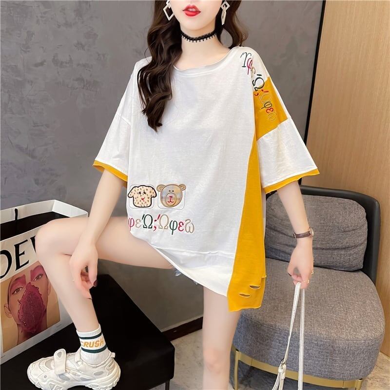 韓国風漫画刺繍ワッペン半袖Tシャツ<F-2991>