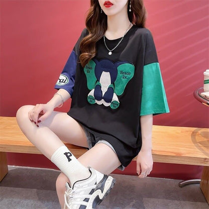 気質漫画カラーマッチング偽ツーピース半袖Tシャツ<F-2997>